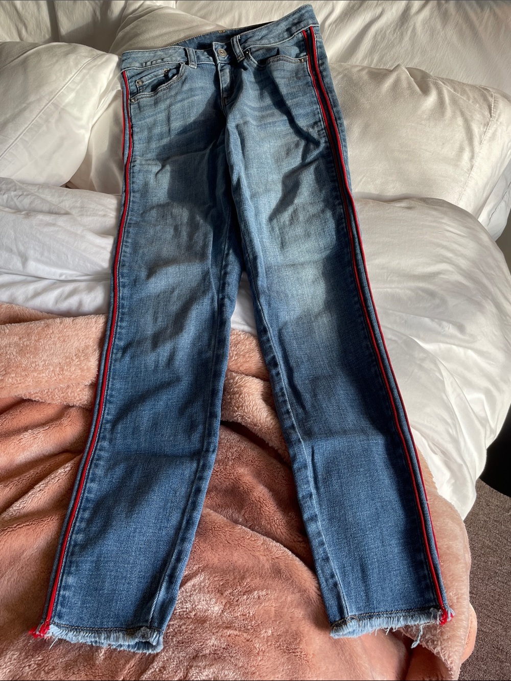 CeCe Slim Straight Denim Jeans with Red Side Stripe - Picture 2 of 8